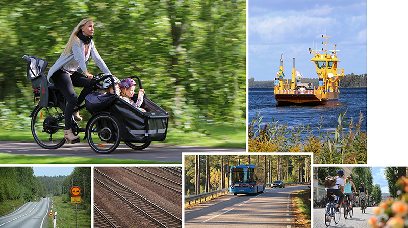 Collage med flera bilder på cyklar, landsvägar, järnväg