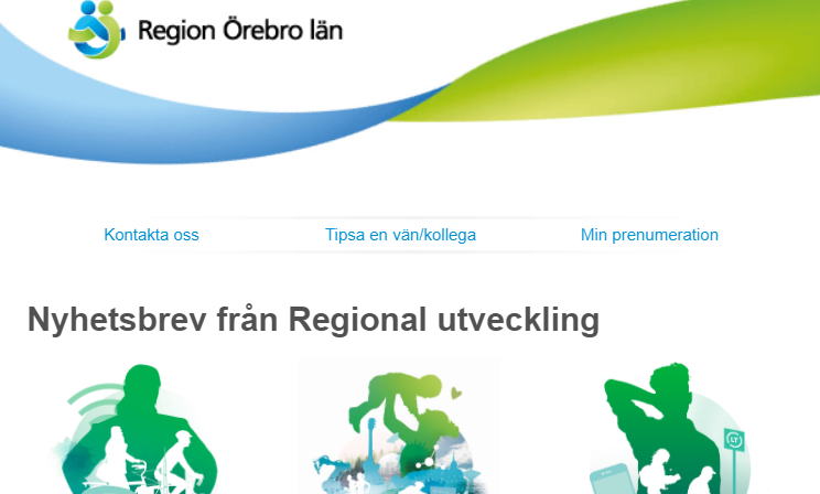 Skärmklipp från nyhetsbrevet . Logotyp och illustrationer med människor och miljöer i Örebro län