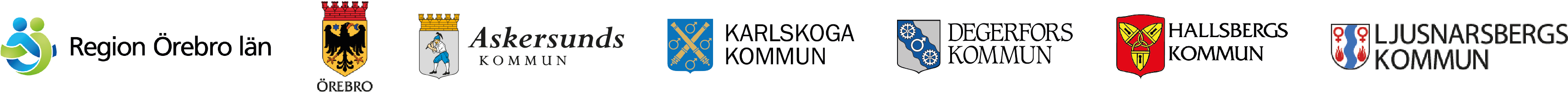 Logotyper från sex kommuner: Region Örebro län, Örebro kommun, Askersunds kommun, Karlskoga kommun, Degerfors kommun, Hallsbergs kommun och Ljusnarsbergs kommun