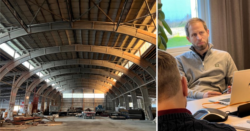 Bildcollage. Industrilokal och en närbild på en man vid en daor