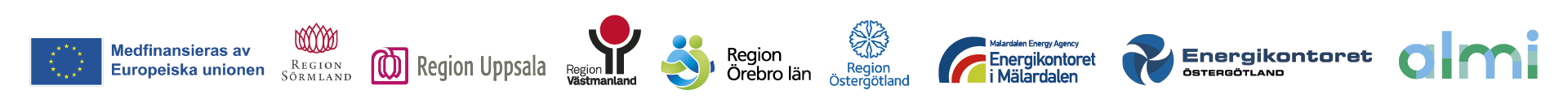 Logotyper för EU, Region Västmanland, Region Örebro län, Region Östergötland, Region Sörmland, Region Uppsala, Energikontoret Östergötland, Energikontoret Mälardalen, Almi, 
