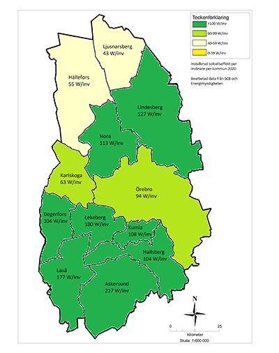 Karta över länets kommuner och deras installerade effekt per invånare 2020
