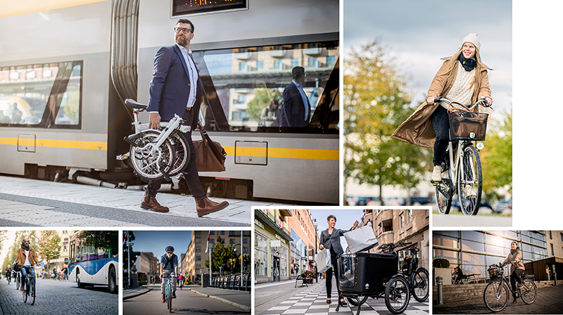 Collage med personer som cyklar på olika typer av cyklar: vanlig cykel, elcykel, vikcykel, lastcykel