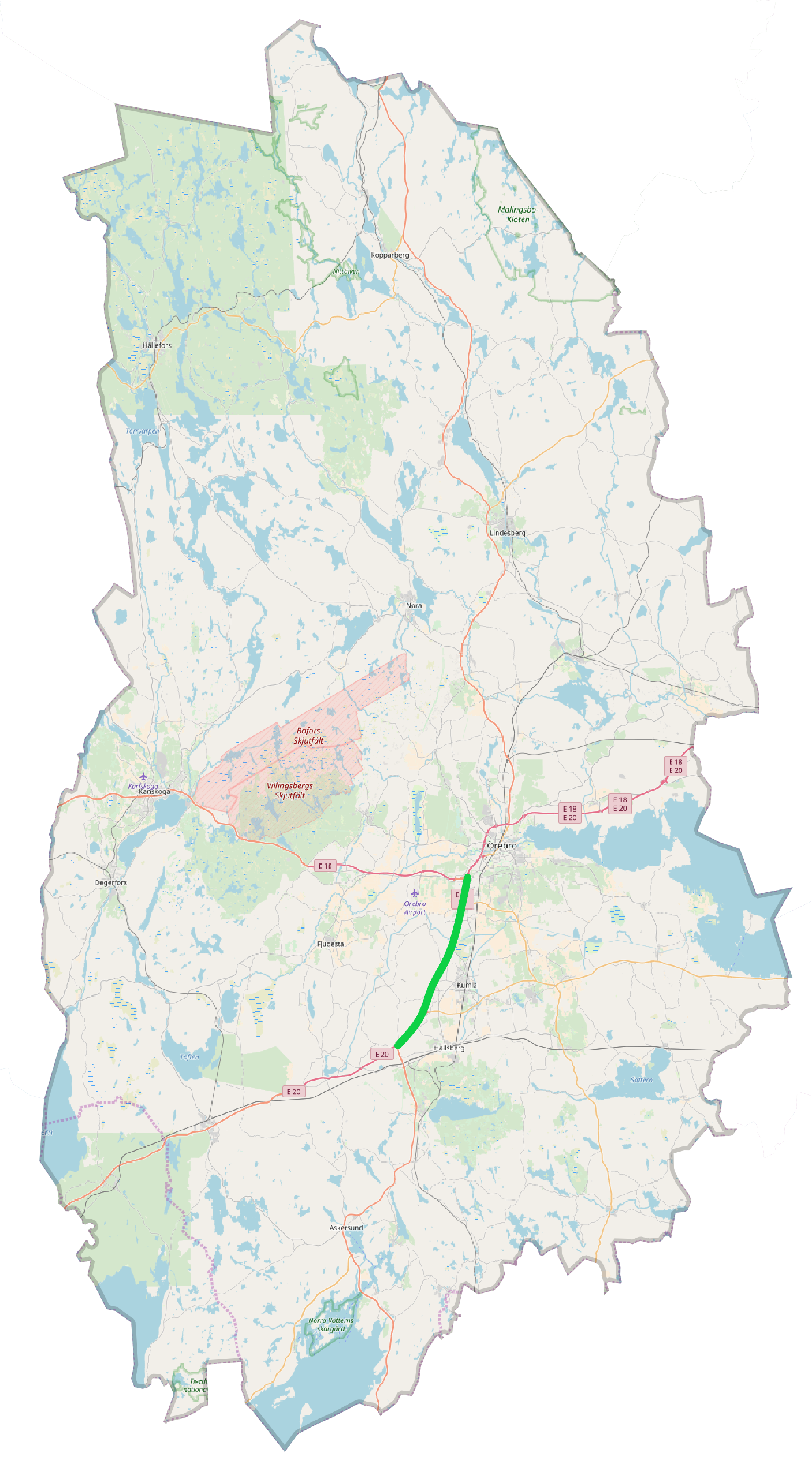 Karta över Örebro län där sträckan som ska bli elväg är markerad.