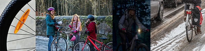 Collage med vintercyklingsbilder: dubbdäck, cykellyse, cykling i snö.