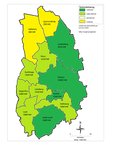 Karta över länets kommuner och deras installerade solcellseffekt under 2020