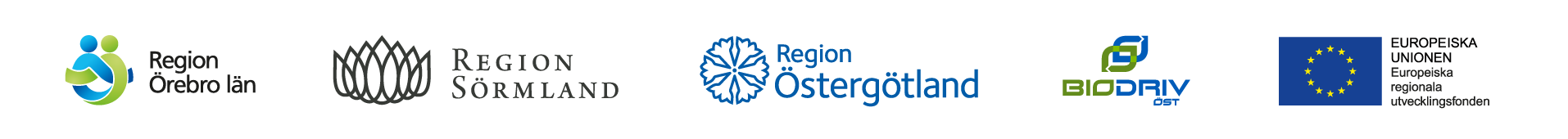 Logotyper för Region Örebro län, Region Östergötland, Region Sörmland, Biodriv Öst och EU/Tillväxtverket