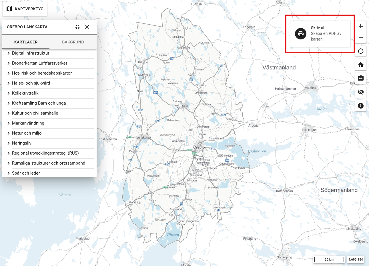 Länskartan med en röd ram som visar funktionen för utskrift högst upp till höger