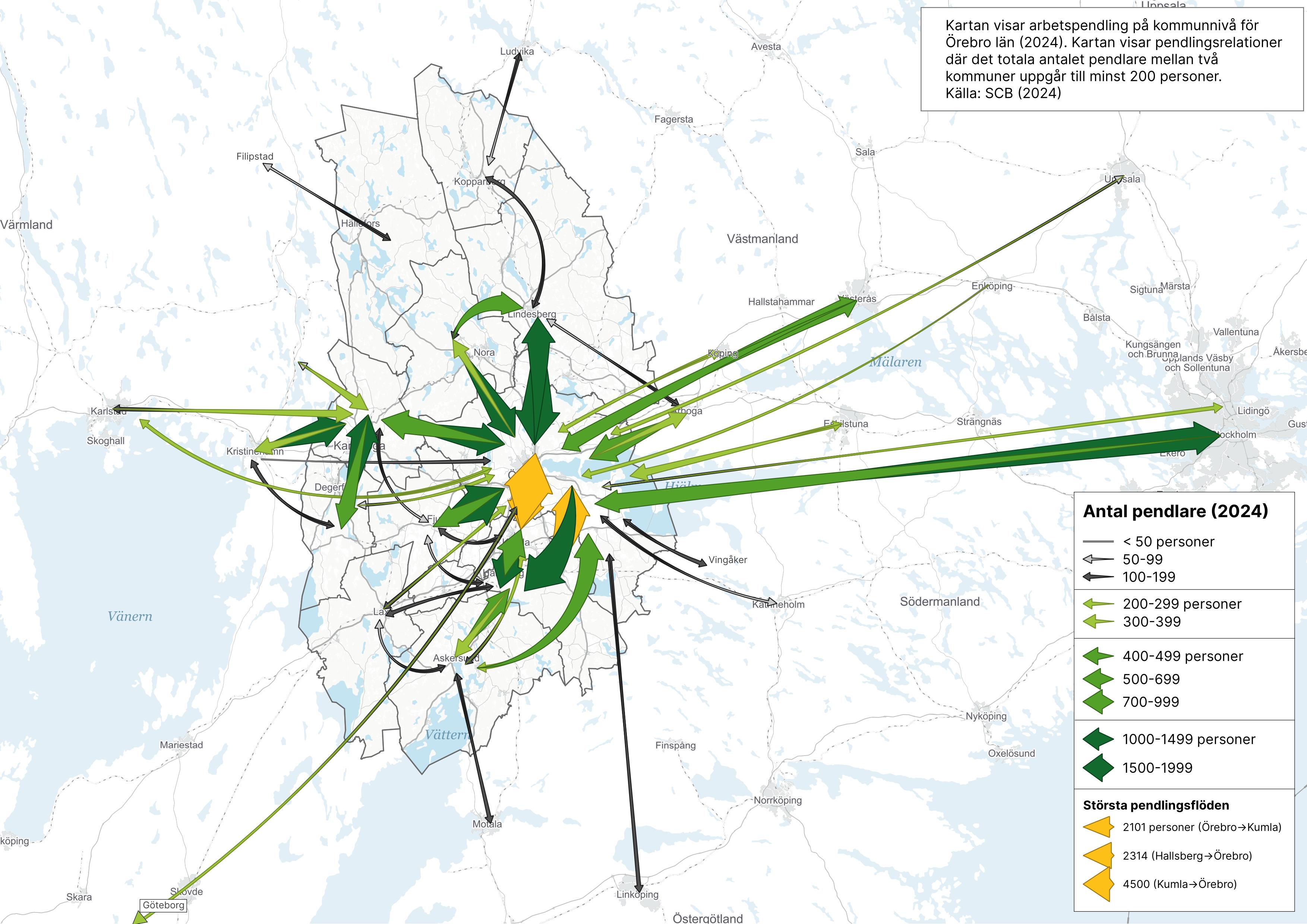 Pendlingsflöden till, från och inom Örebro län