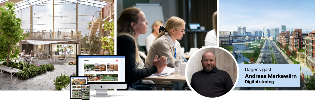 Andreas Markewärn i ett collage med digitala skärmar, i bakgrunder ett café i ett växthus, människor på konferens och en stadsvy.