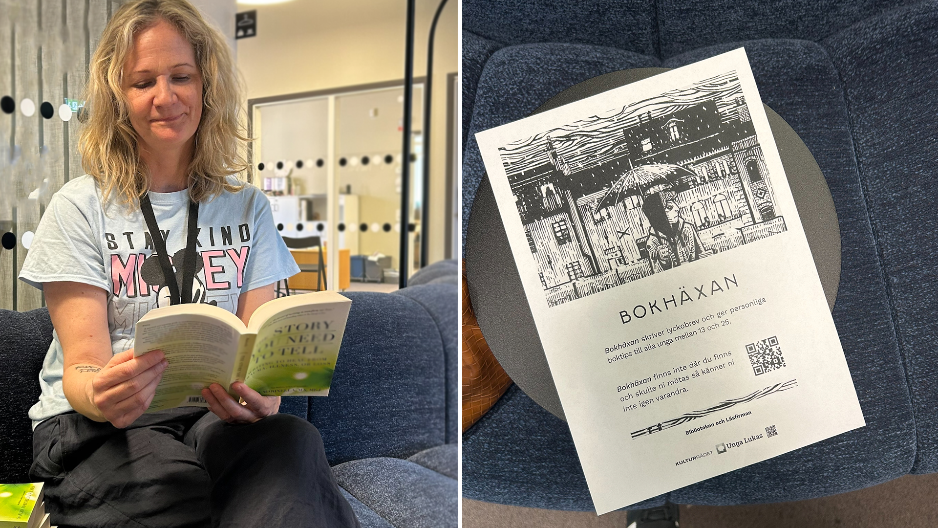 Linda Berg-Ottoson läser en bok, bild på affisch med Bokhäxan