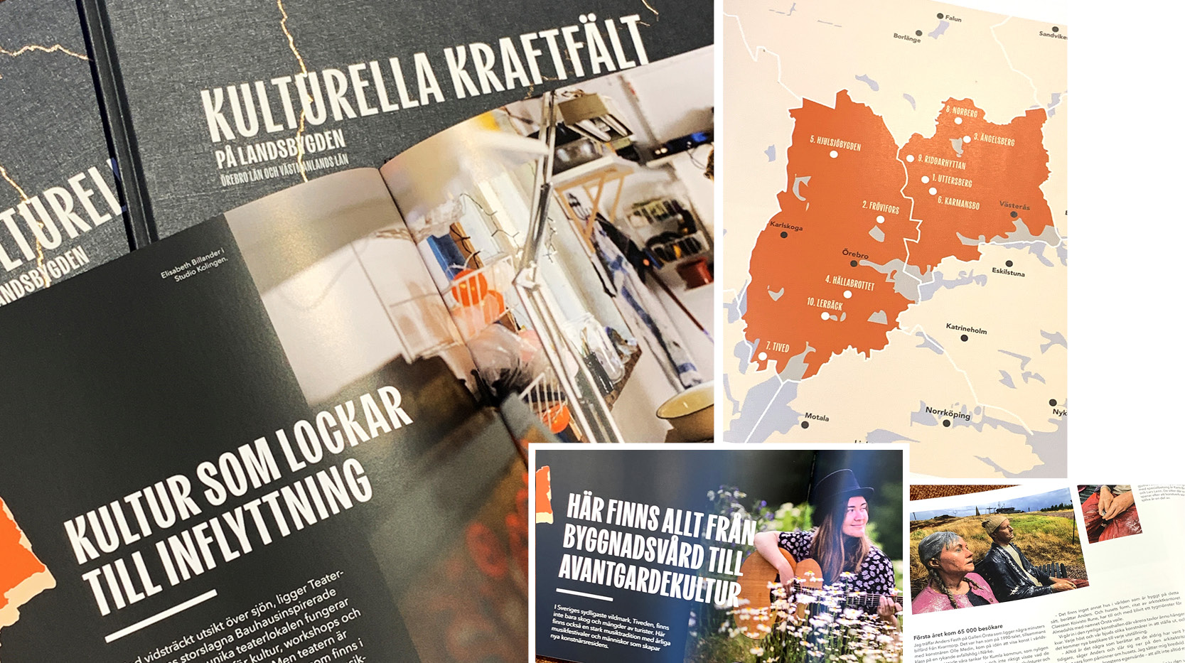 Fotocollage med bilder på bokens omslag och uppslag med texter, bilder och en karta