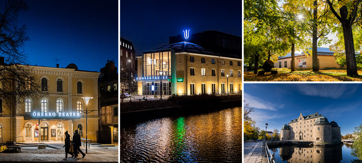 Exteriörer Örebro läns kulturinstitutioner: Örebro länsteater, Örebro länsmusik, Örebro länsmuseum samt Örebro slott där museet har tillfälliga lokaler