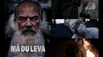 Poster Må du leva med äldre vitskäggig man och bildcollage med stillbilder ur filmen