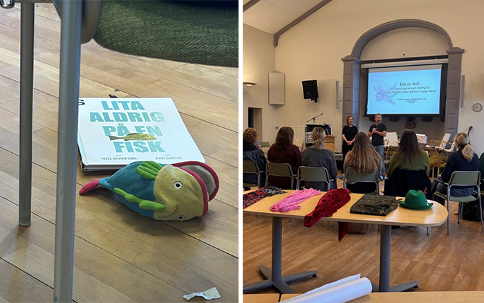 Kollage, en bild på en bok som heter Lita aldrig på en fisk med en leksaksfisk bredvid. Bild till höger på två personer som står framför en halvcirkel sittande publik.