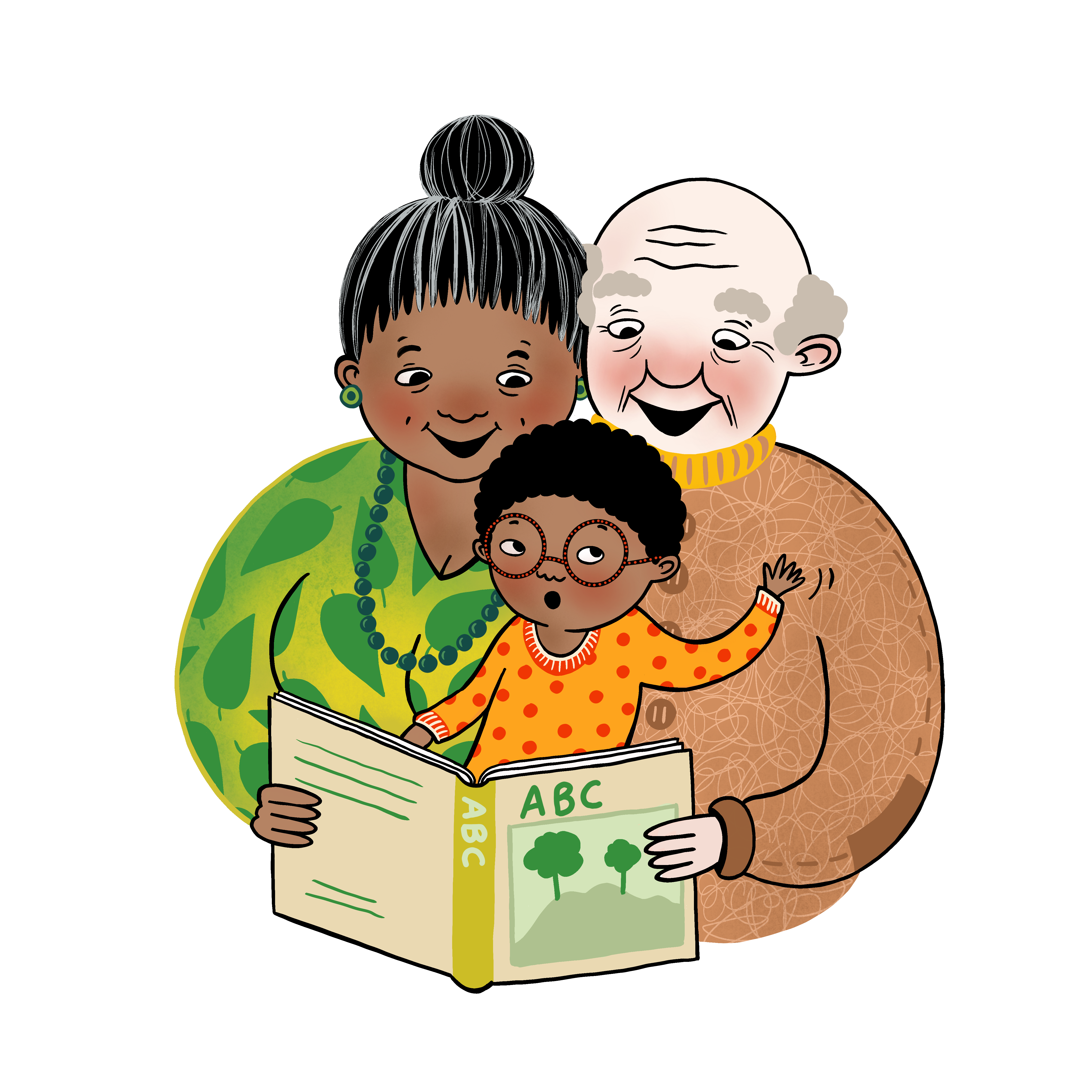 Barn och morföräldrar läser