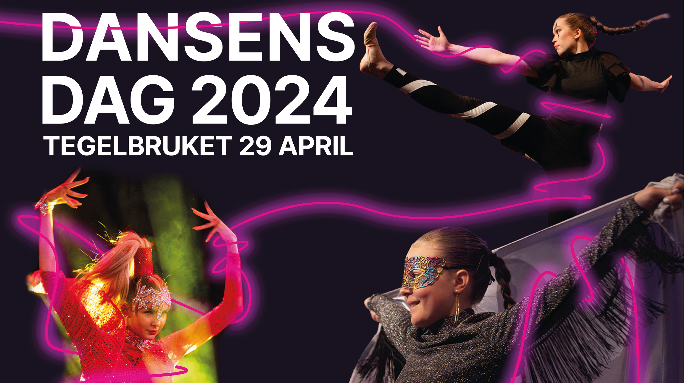 Fotocollage med tre unga dansare och texten Dansens dag 2024 Tegelbruket 29 april
