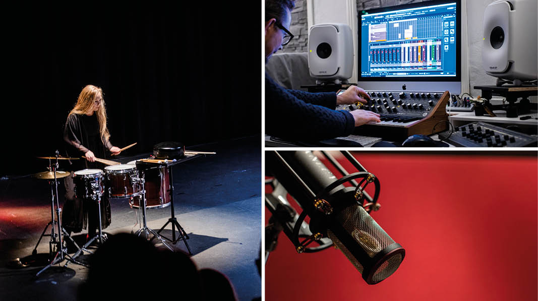 Bildkollage: mixerbord i musikstudio, kvinnlig slagverkare på scen och närbild på mikrofon