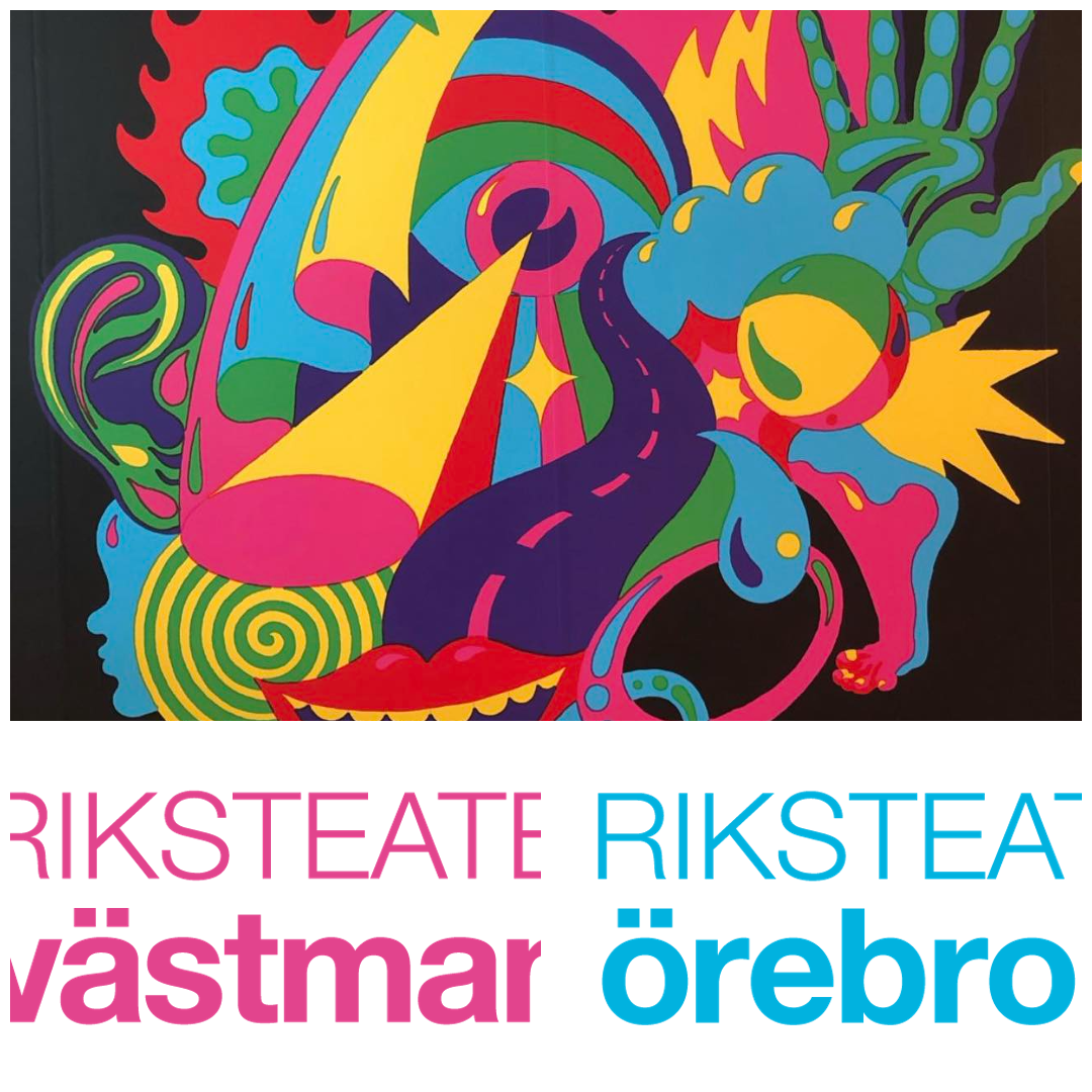 Figurer och färgglada former i konstnärligt kollage,  loggor: Riksteatern Västmanlands och Riksteatern Örebro