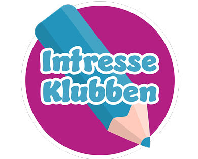 IntresseKlubben i blå text med en texknad blå penna bakom och en cerisefärgat cirkel