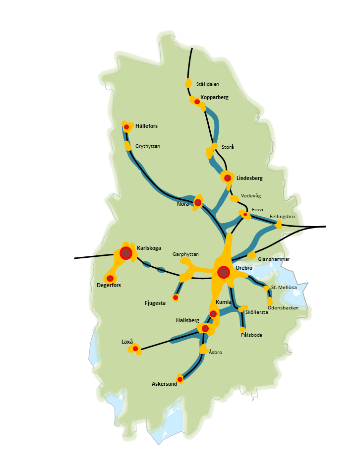 Strukturkartan förutsättningar för framtida bebyggelse. Som ett nät över Örebro län går nodsammanbindande kollektivtrafikstråk. Större tätorter och noder är markerade och runt dem är utvecklingsområden utmärkta.