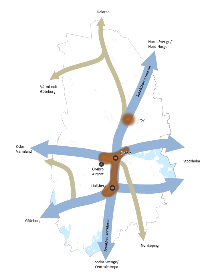 Strukturbilden visar de stråk som har högst prioritet för Örebro läns näringsliv. Kartan visar också viktiga noder för godstransporterna samt kopplingar till noder utanför vår region.