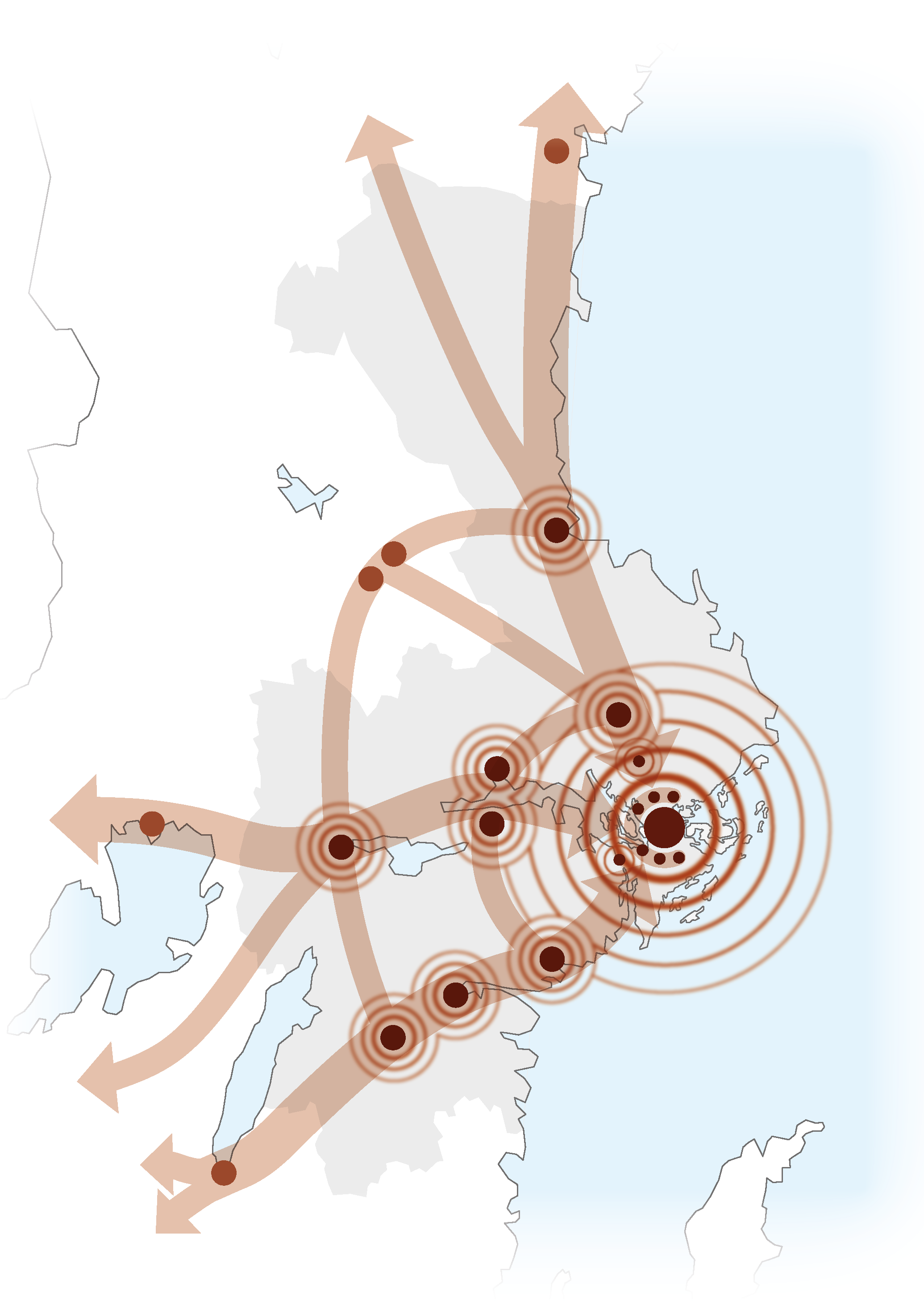 Karta över östra Mellansverige där storregionala transportsamband mellan nodstäderna är utmärkta.