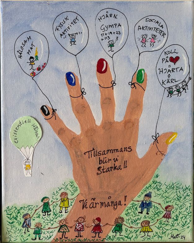 Fem fingrar med en ballong knuten på varje.
