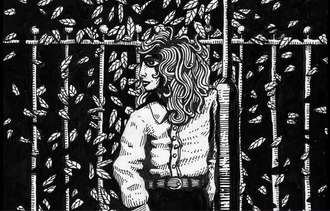 Tecknad bild på långhårig person  vid lyktstolpe