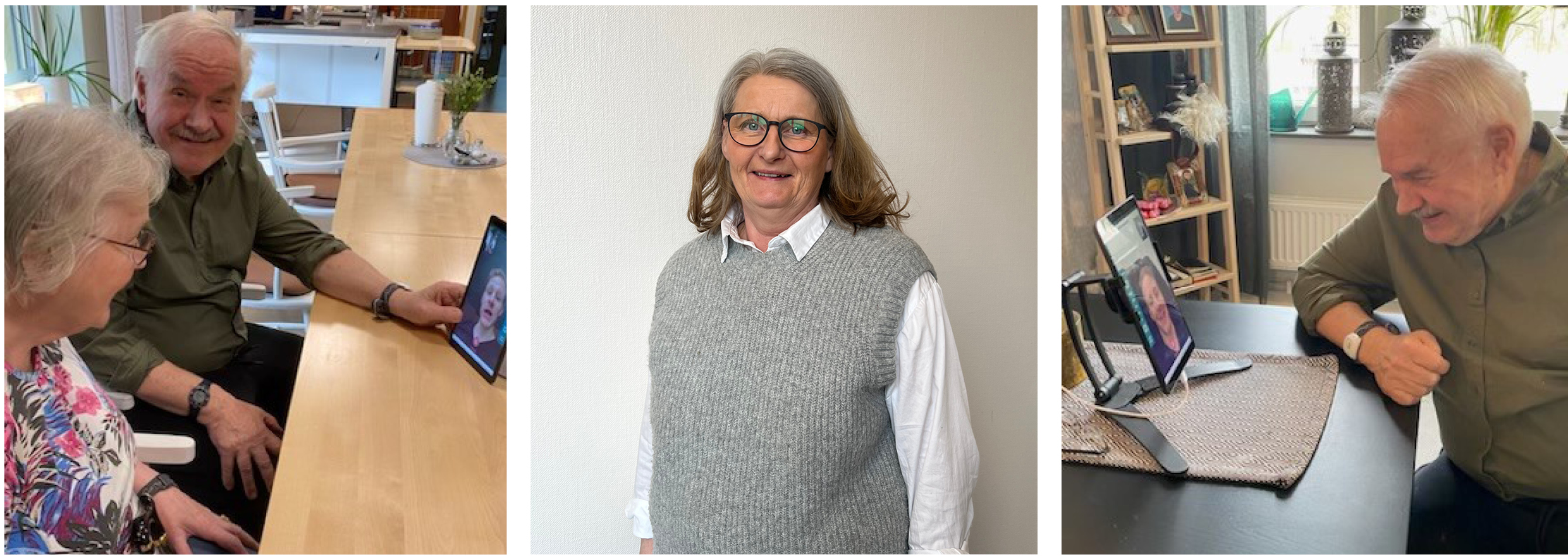 Kollage av tre bilder. Bild 1 en äldre man och kvinna sitter och ser på en padda och ler. Bild två en Kvinna med grå väst och vit skjorta med svarta glasögon med axellång gråtonat hår. Bild 3 en äldre man som har ett digital samtal med en kvinna 