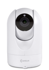 En liten rundad cylinderformad kamera i vitt. Kamerans huvud kan röra sig upp och ner.